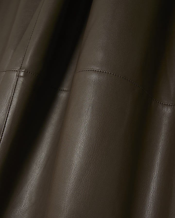 Khaki Faux Leather Midi Skirt
