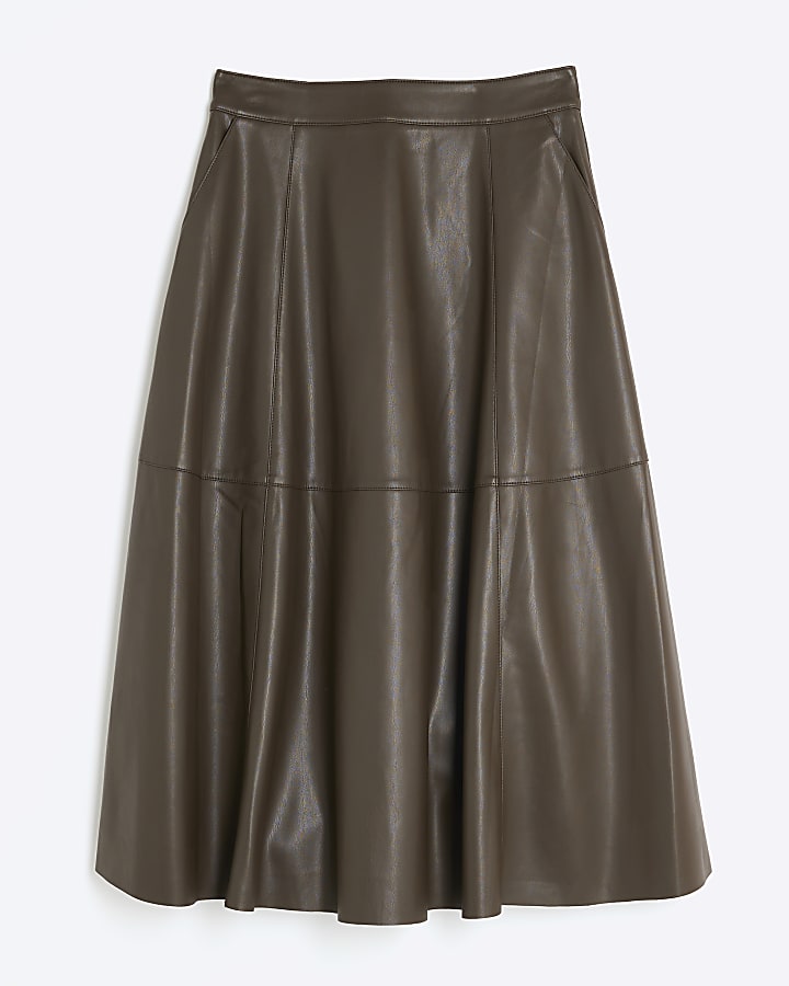 Khaki Faux Leather Midi Skirt