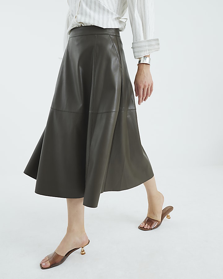 Khaki Faux Leather Midi Skirt