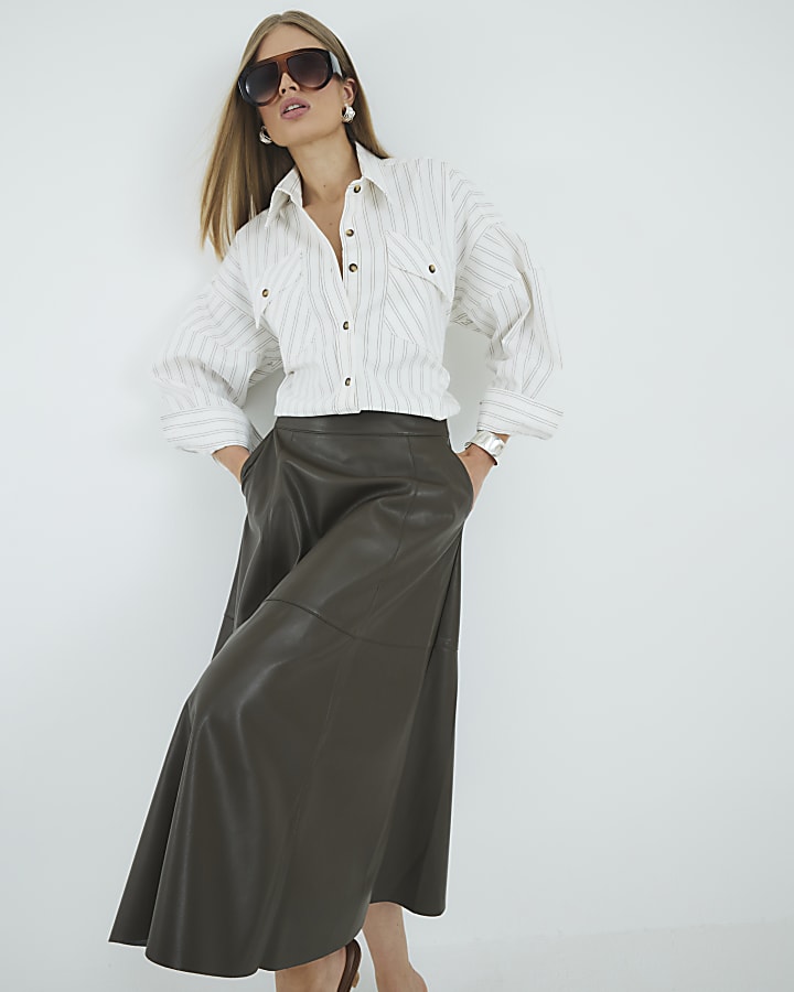 Khaki Faux Leather Midi Skirt