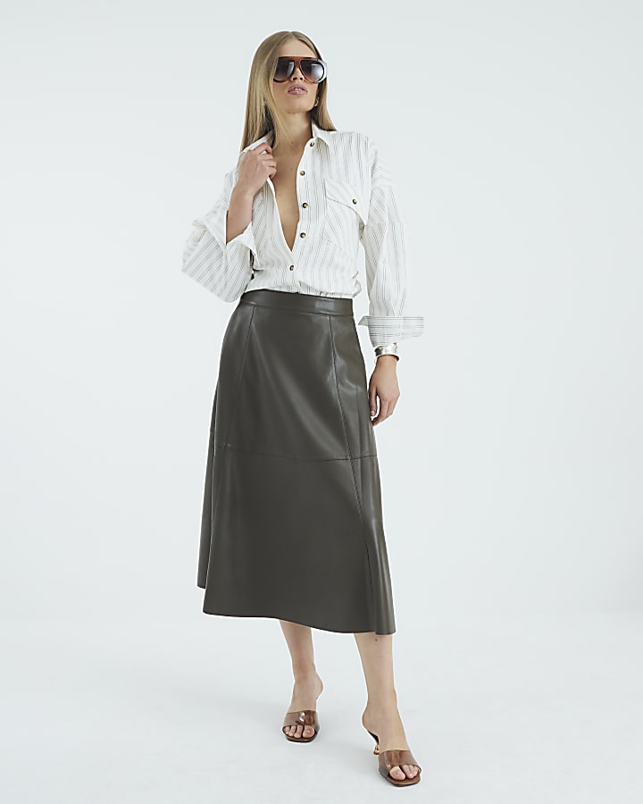 Khaki Faux Leather Midi Skirt