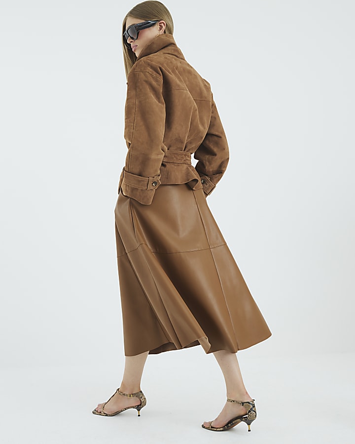 Brown Faux Leather Midi Skirt