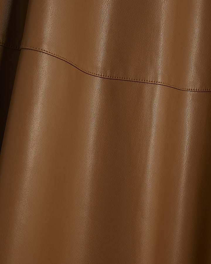 Brown Faux Leather Midi Skirt