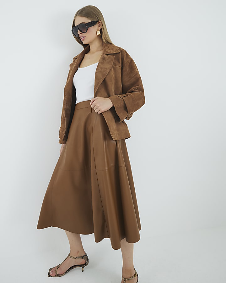Brown Faux Leather Midi Skirt