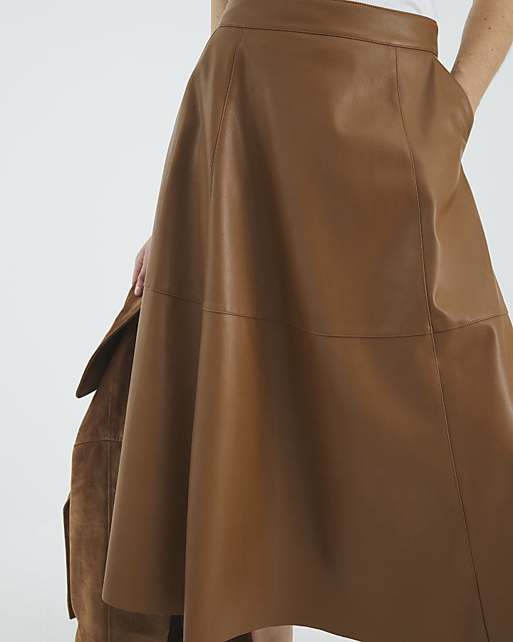 Brown Faux Leather Midi Skirt