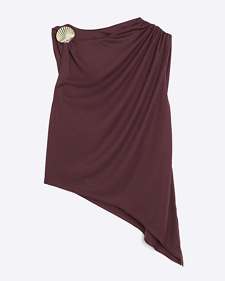 Red Sleeveless Shell Trim Drape Top