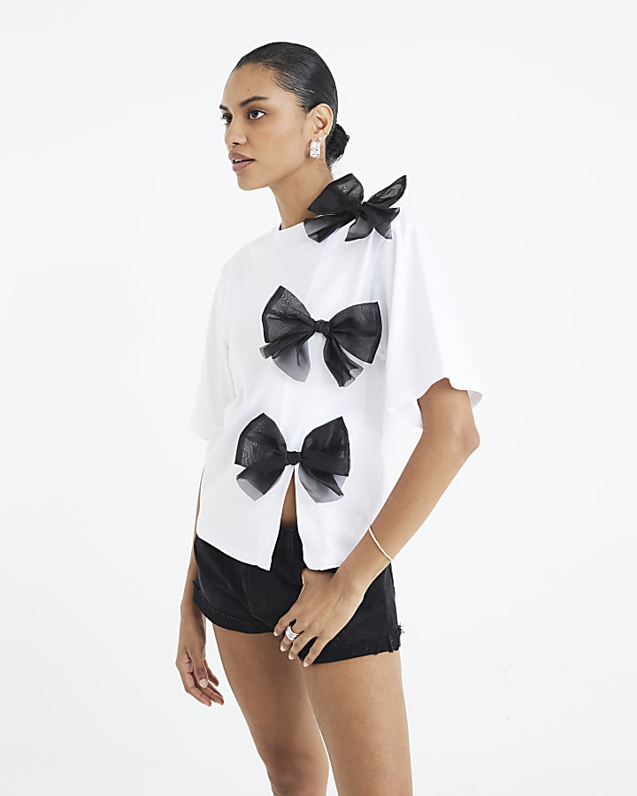 White Short Sleeve Organza Bow T-shirt