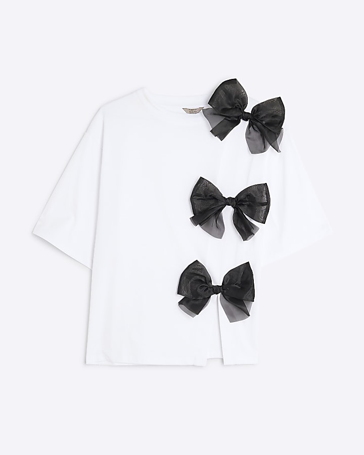 White Short Sleeve Organza Bow T-shirt