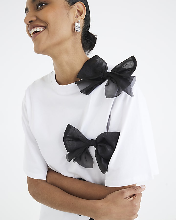 White Short Sleeve Organza Bow T-shirt