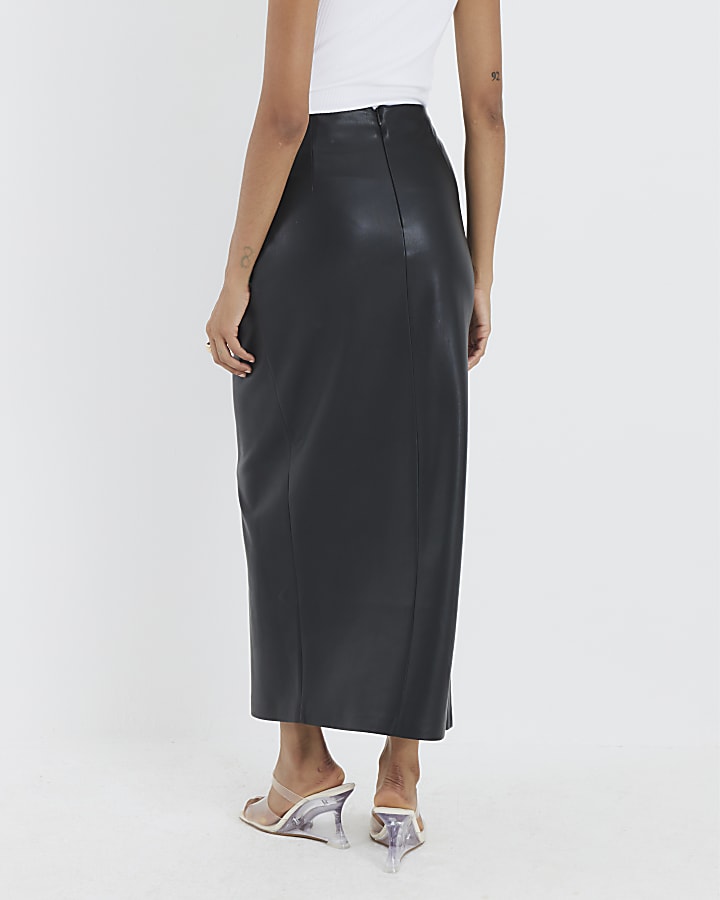 Black Twist Side Faux Leather Midi Skirt