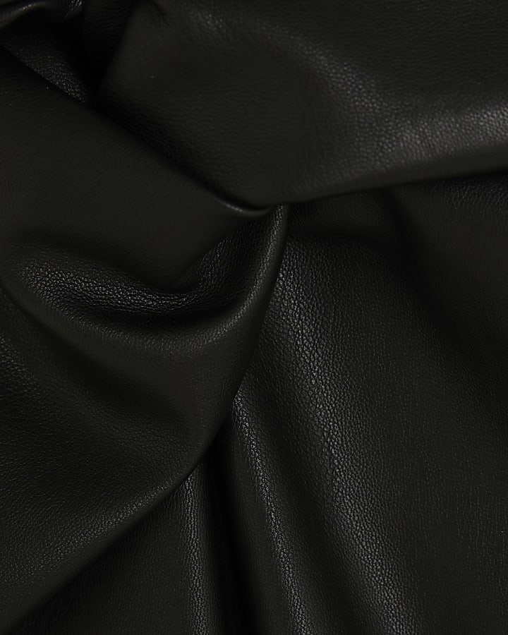 Black Twist Side Faux Leather Midi Skirt