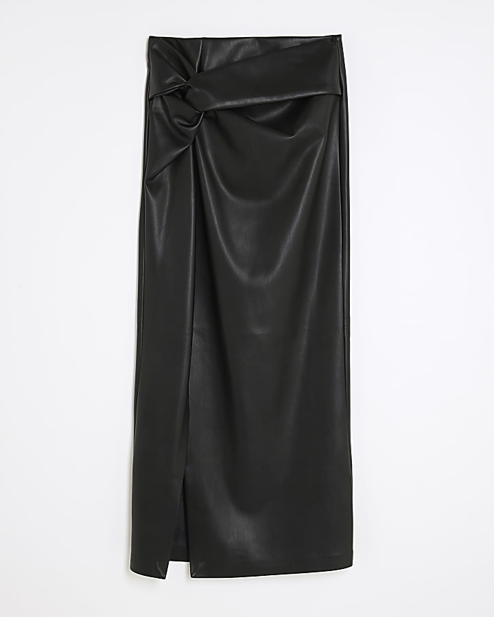 Black Twist Side Faux Leather Midi Skirt