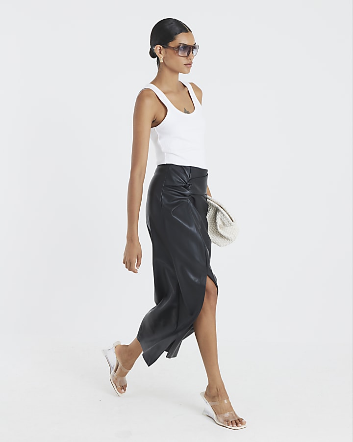 Black Twist Side Faux Leather Midi Skirt