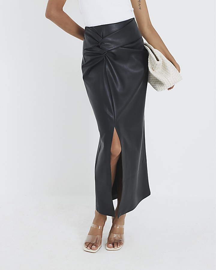 Black Twist Side Faux Leather Midi Skirt