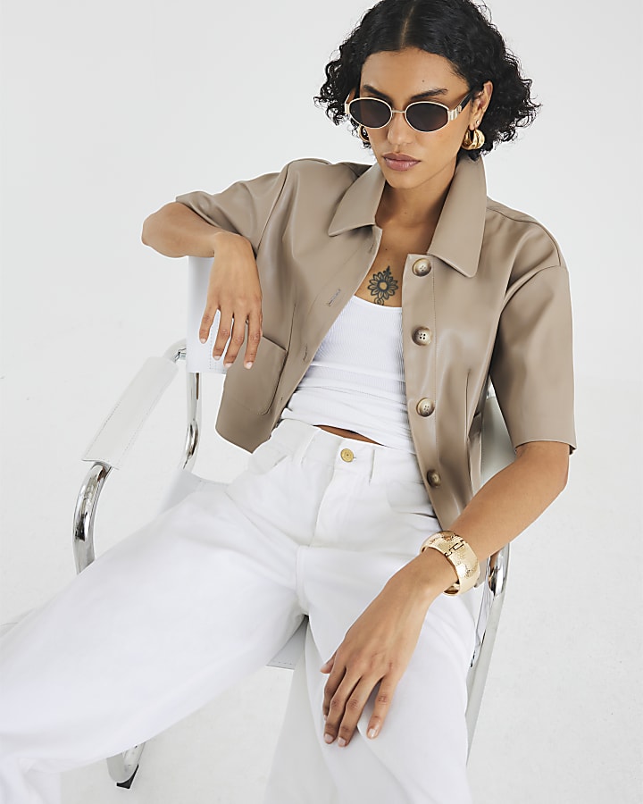 Brown Faux Leather Button Through Shirt