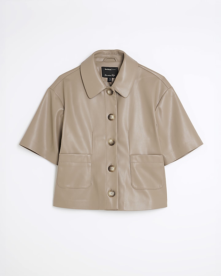 Brown Faux Leather Button Through Shirt