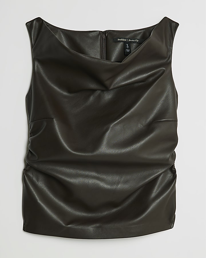 Brown Faux Leather Ruched Sleeveless Top