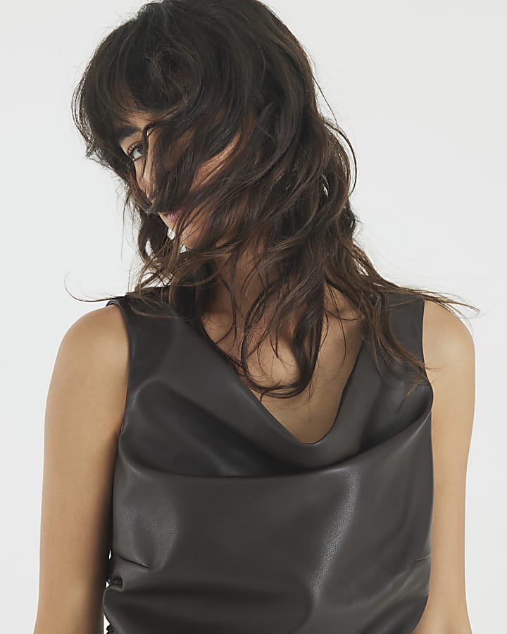 Brown Faux Leather Ruched Sleeveless Top