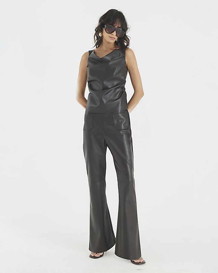 Brown Faux Leather Ruched Sleeveless Top