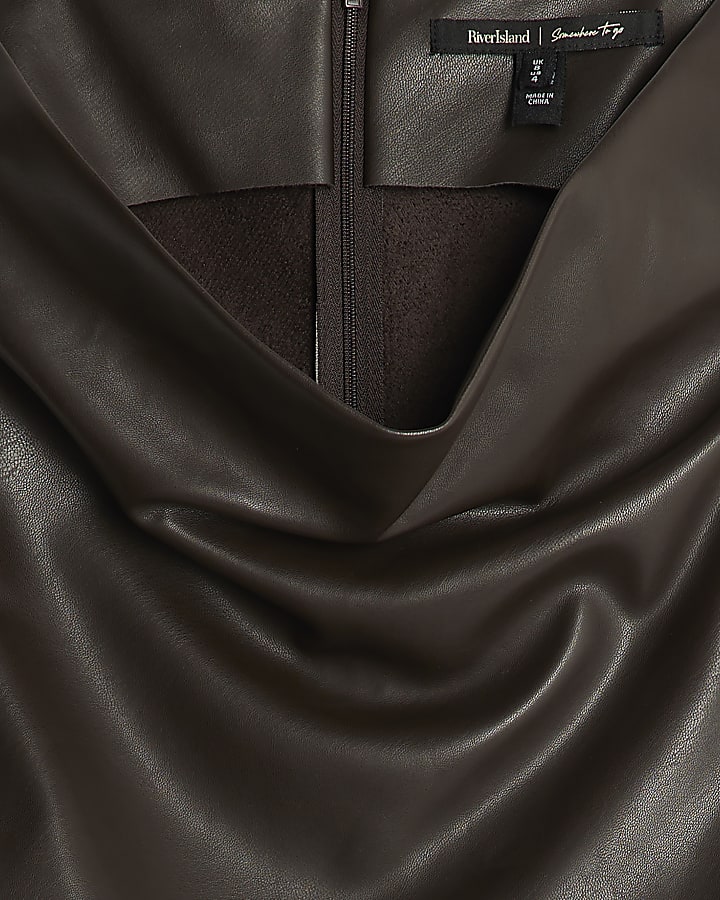 Brown Faux Leather Ruched Mini Dress