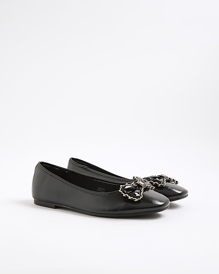 Black Wide Fit Chain Bow Ballet Pumps