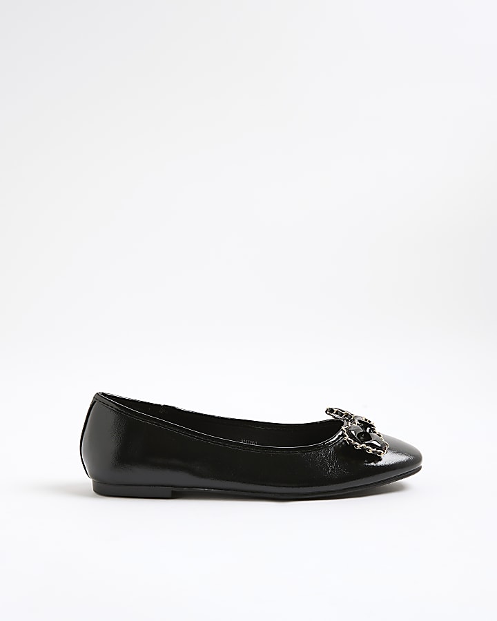 Black Wide Fit Chain Bow Ballet Pumps