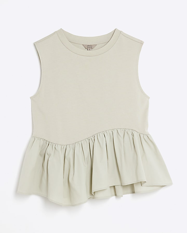 Khaki Sleeveless Poplin Asymmetric Hem Top