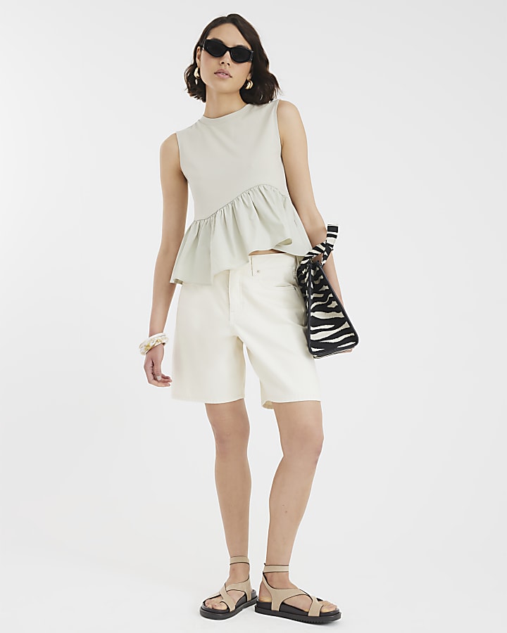 Khaki Sleeveless Poplin Asymmetric Hem Top