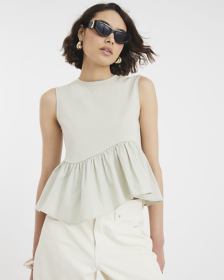 Khaki Sleeveless Poplin Asymmetric Hem Top