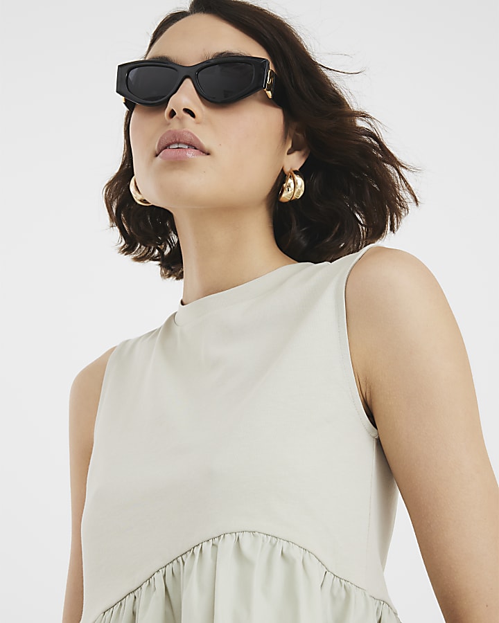 Khaki Sleeveless Poplin Asymmetric Hem Top
