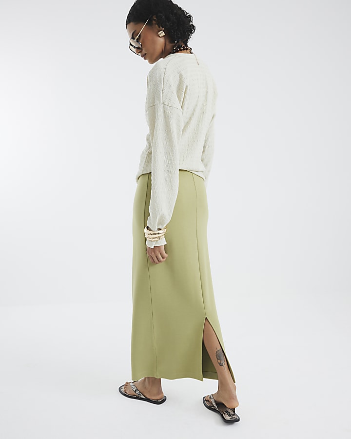 Khaki Neoprene Maxi Skirt
