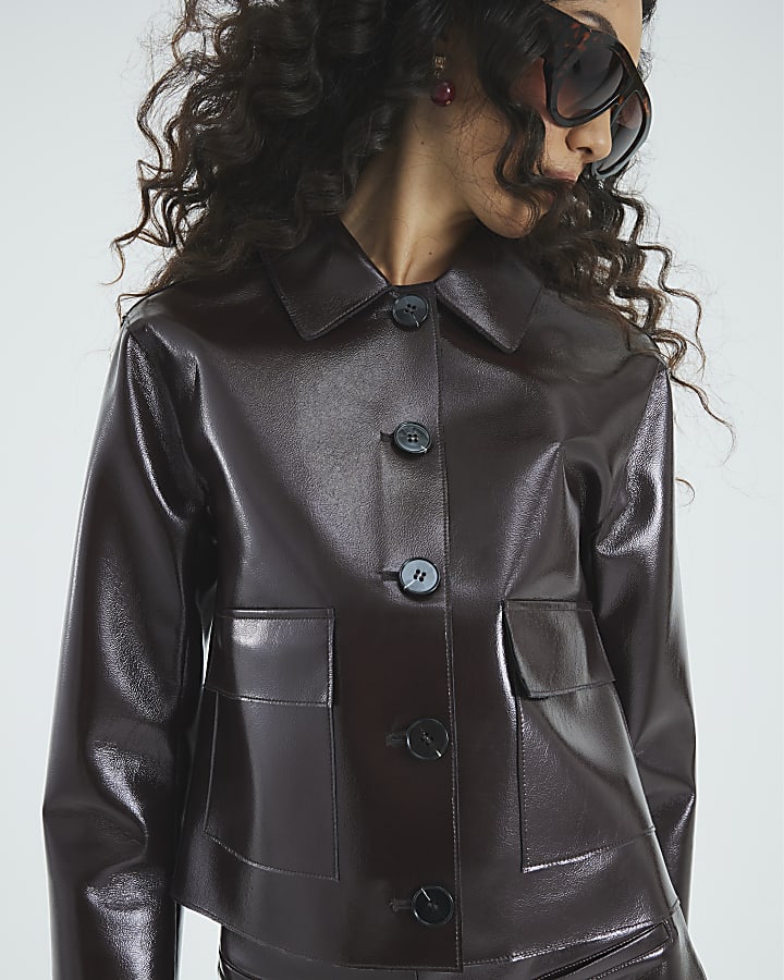 Red Faux Leather Button Through Jacket