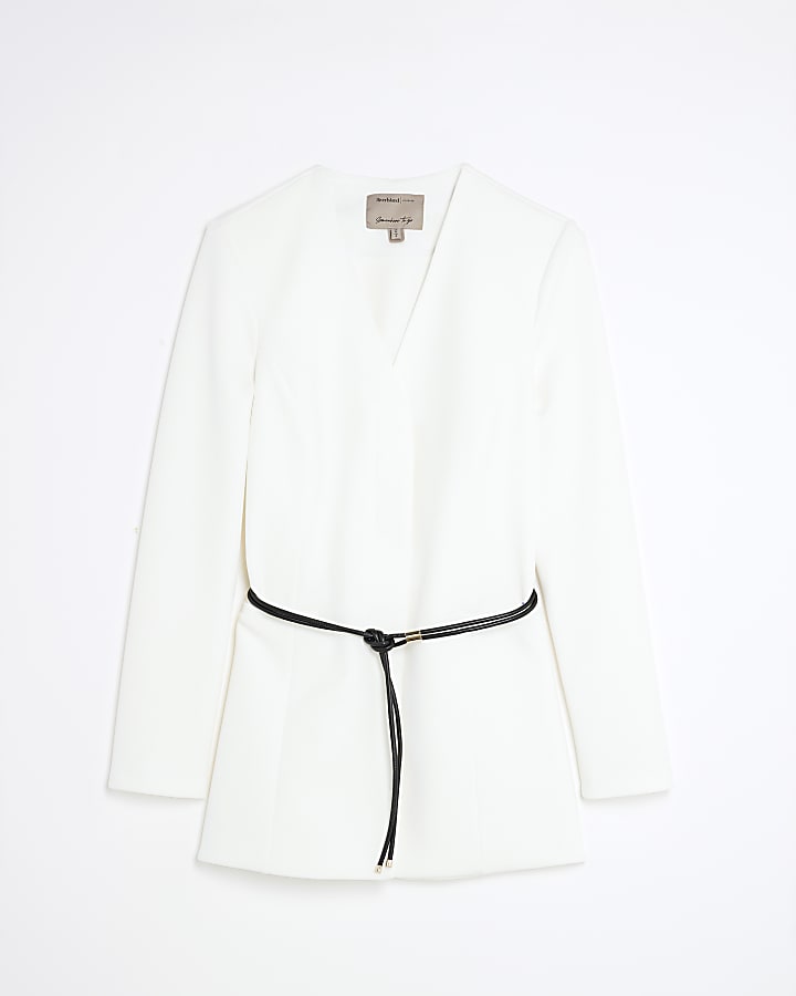 White Long Sleeve Belted Blazer