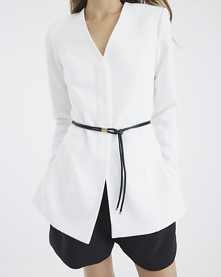 White Long Sleeve Belted Blazer