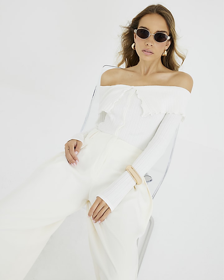 White Long Sleeve Button Detail Bardot Top