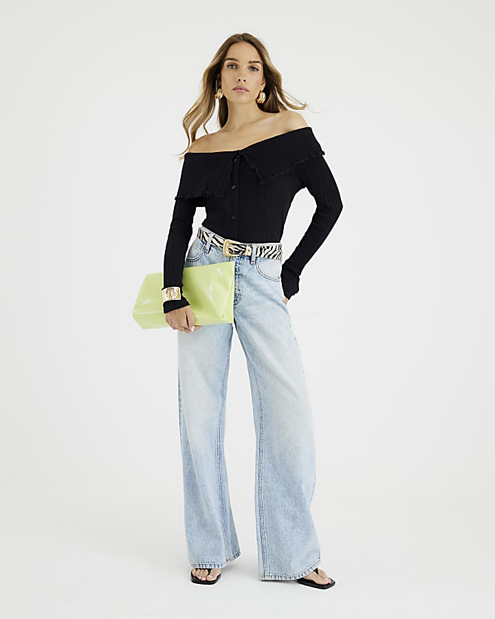 Black Long Sleeve Button Detail Bardot Top