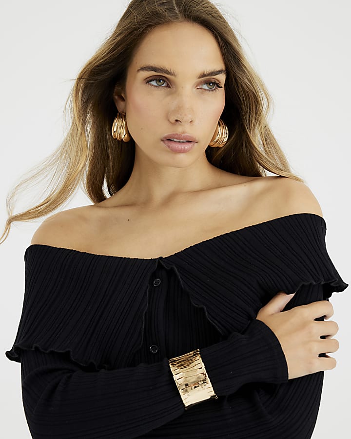 Black Long Sleeve Button Detail Bardot Top