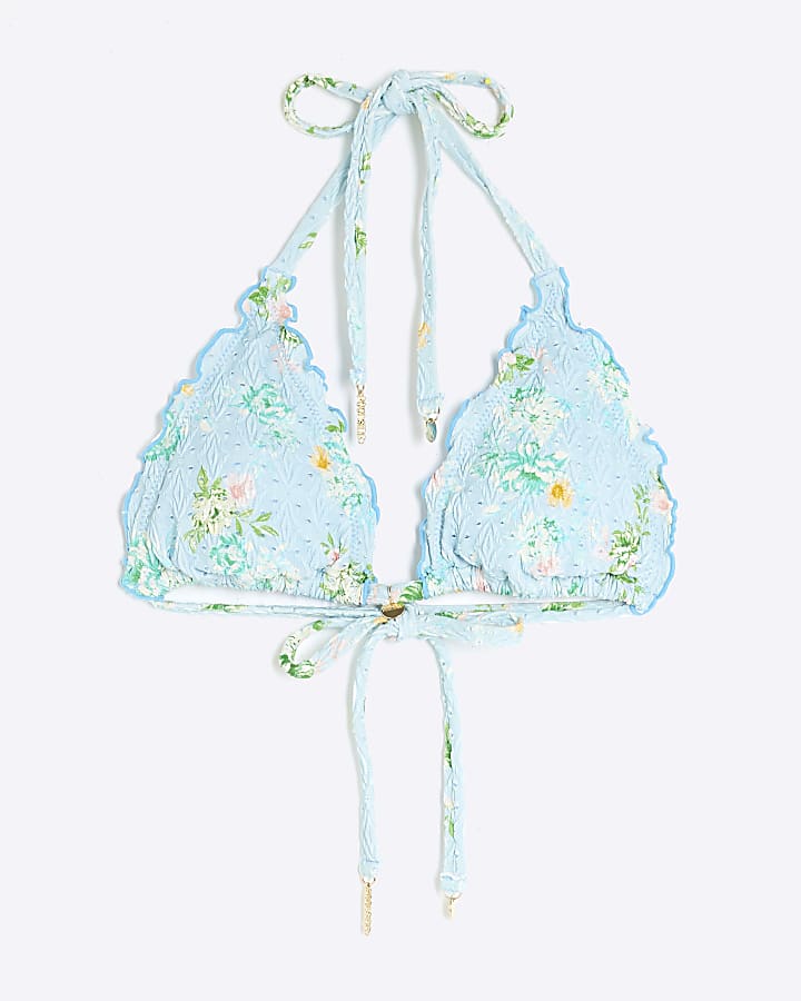 Blue Textured Floral Bikini Top