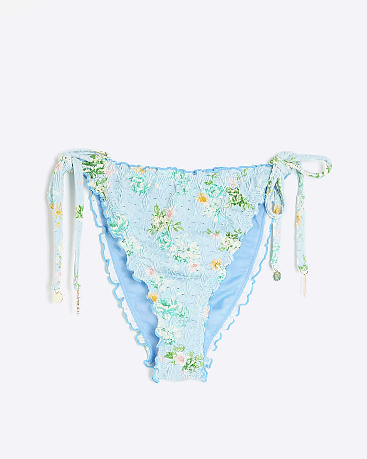 Blue Textured Floral Bikini Bottoms