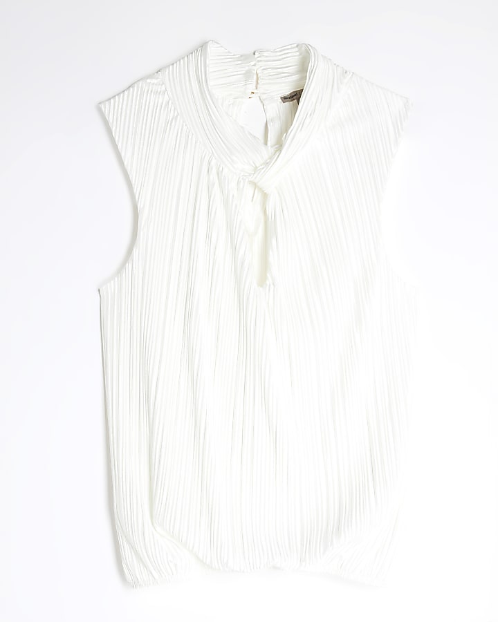 Cream Sleeveless Knot Detail Plisse Top