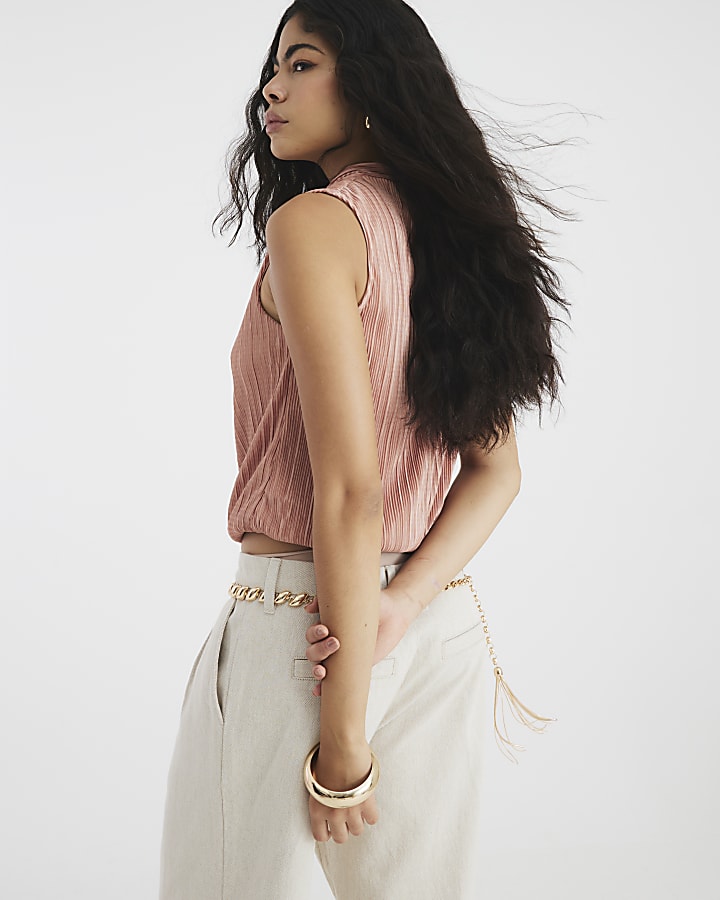 Pink Sleeveless Knot Detail Plisse Top