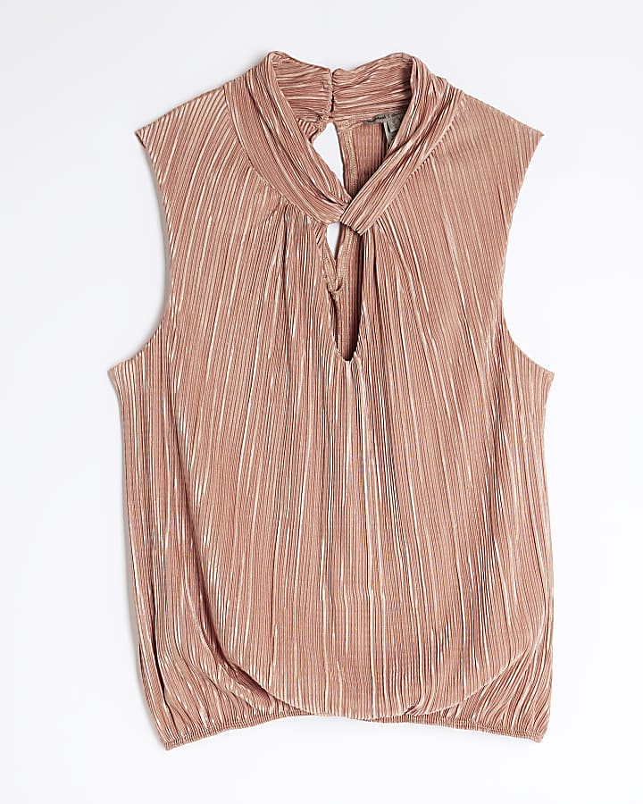 Pink Sleeveless Knot Detail Plisse Top