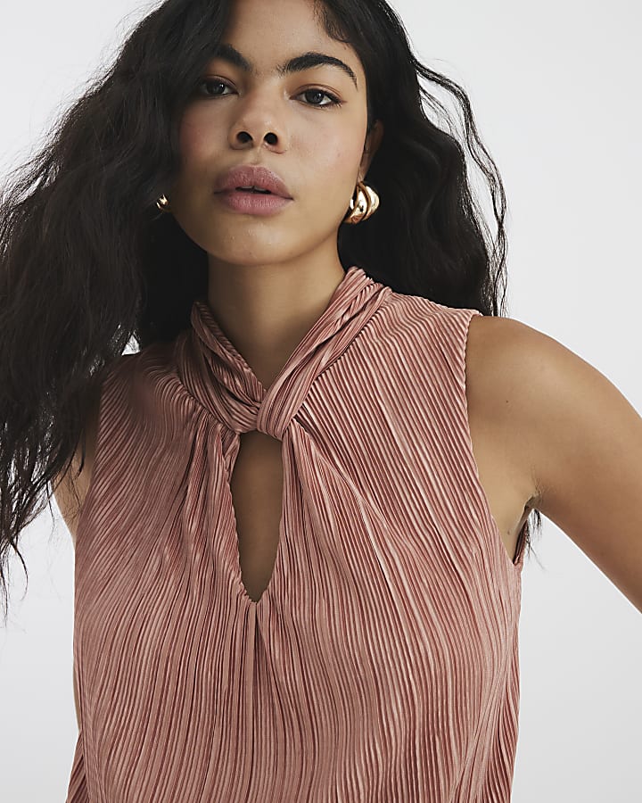 Pink Sleeveless Knot Detail Plisse Top