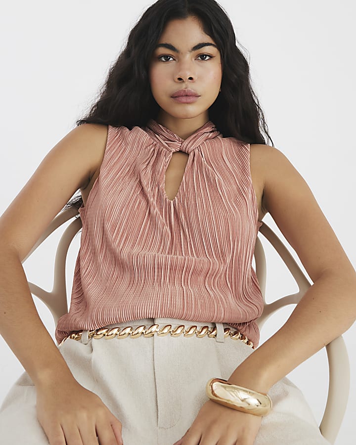 Pink Sleeveless Knot Detail Plisse Top