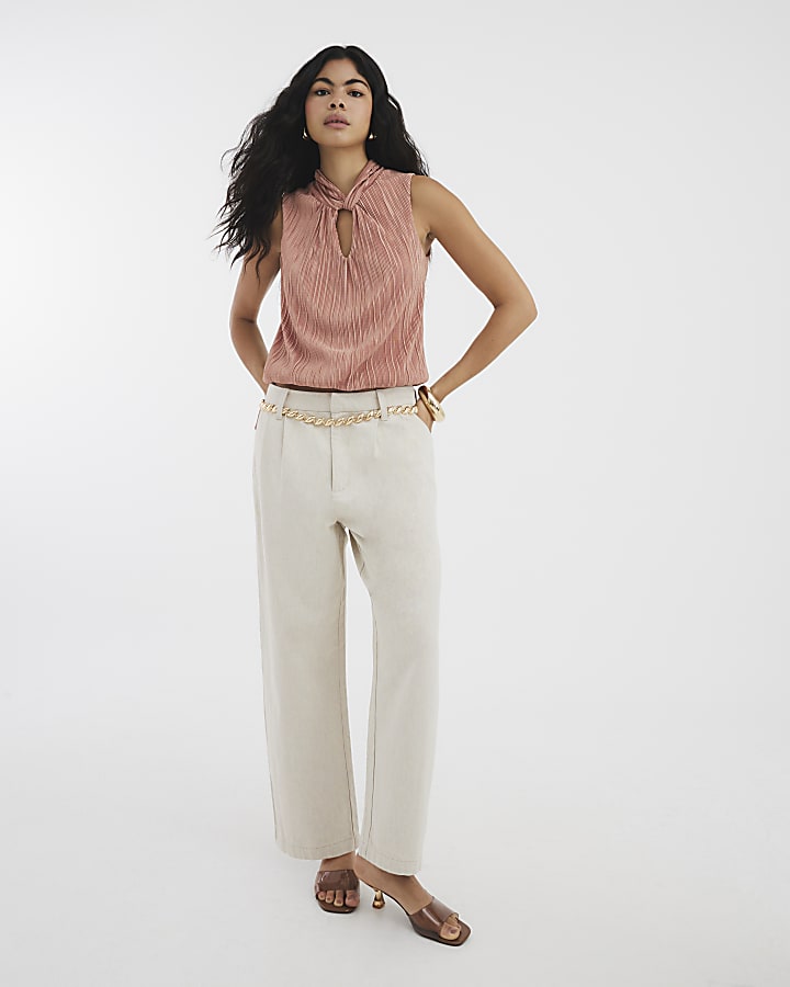 Pink Sleeveless Knot Detail Plisse Top