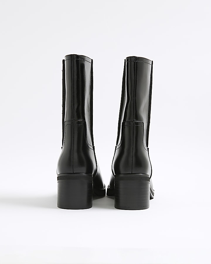Black Block Heel Calf Height Boots