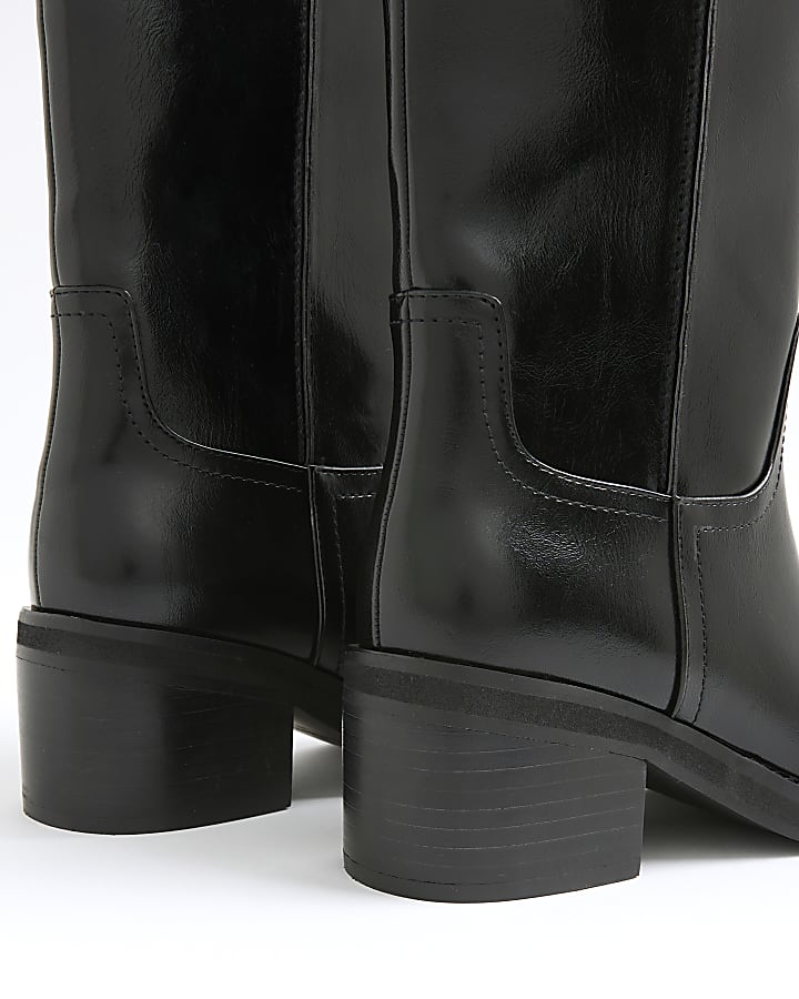 Black Block Heel Calf Height Boots