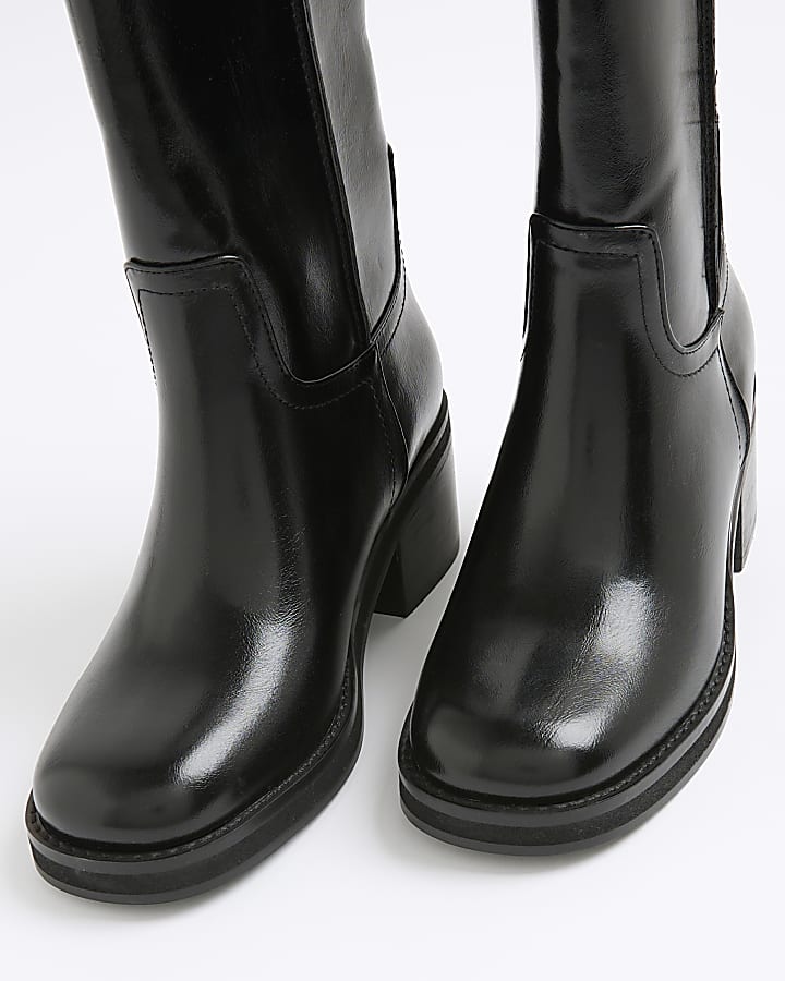 Black Block Heel Calf Height Boots