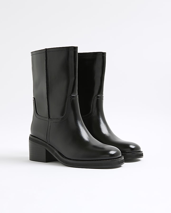 Black Block Heel Calf Height Boots