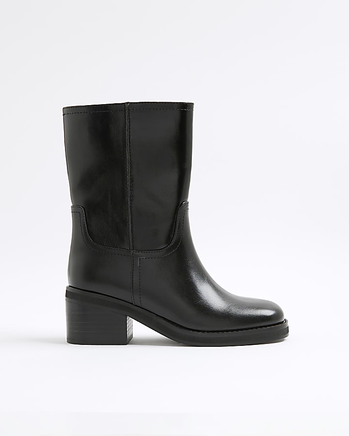 Black Block Heel Calf Height Boots